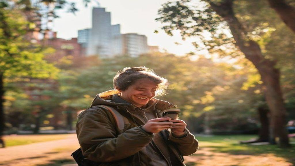 Person using dual-SIM smartphone in a park