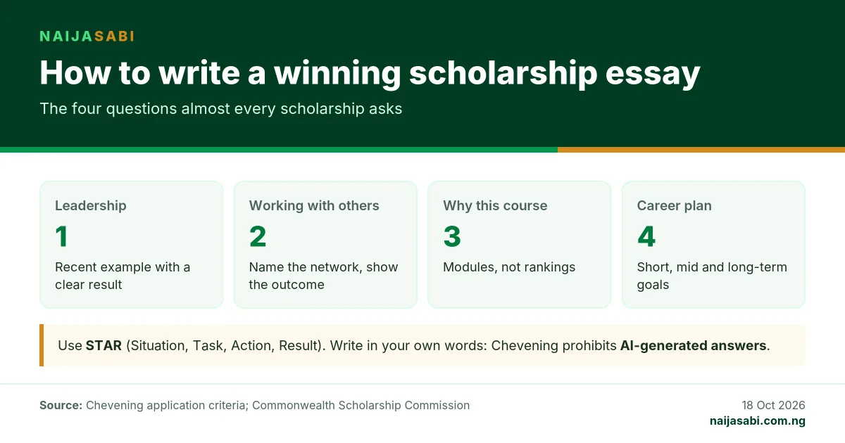 Scholarship essay guide: the four questions are leadership, working with others, why this course and career plan; use the STAR method and write in your own words