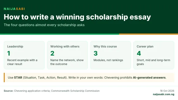 Scholarship essay guide: the four questions are leadership, working with others, why this course and career plan; use the STAR method and write in your own words
