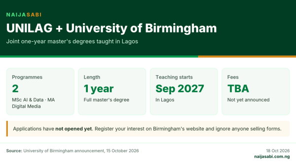 Infographic: UNILAG and University of Birmingham launch two one-year joint master's degrees in Lagos, MSc AI and Data Technologies and MA Digital Media and Communications, starting September 2027; fees not yet announced.